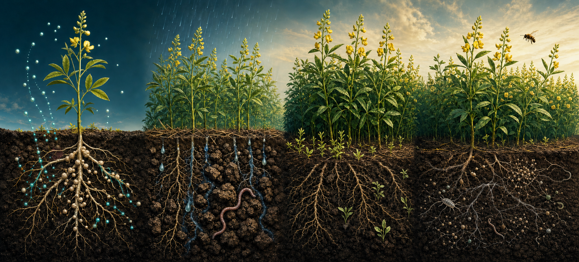 Four connected illustrations showing cover-crop nutrient fixation, soil protection, weed competition and a balanced soil ecosystem