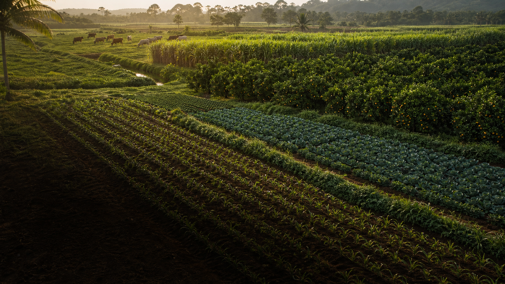 A connected landscape of row crops, vegetables, orchard, sugarcane, cattle pasture and wildlife habitat
