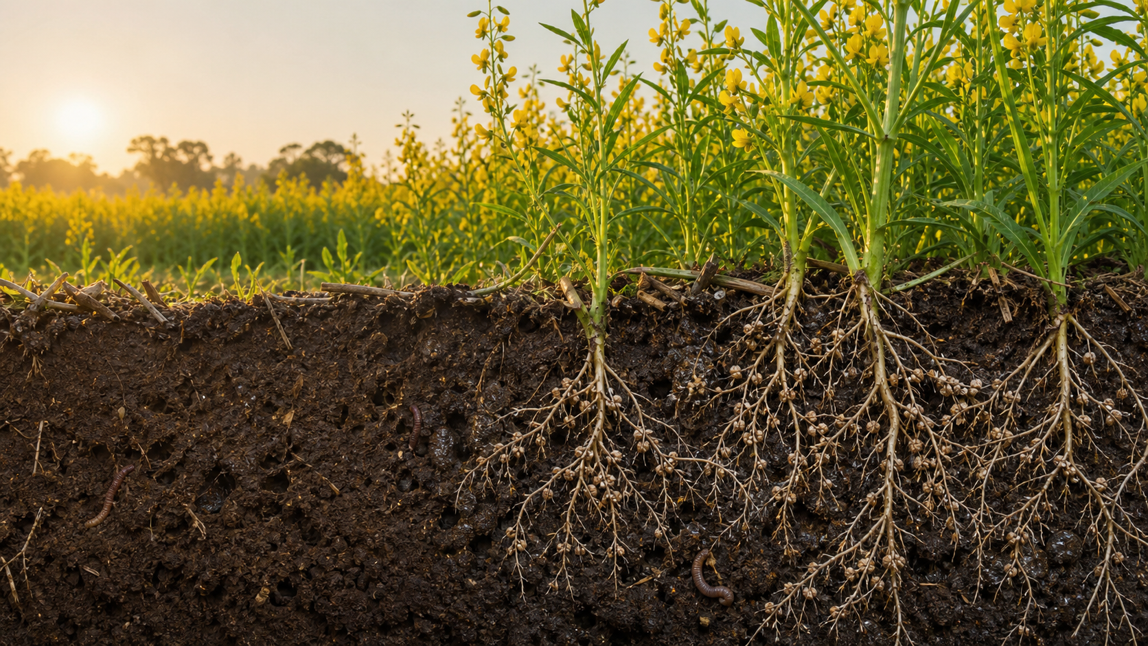 Flowering Crescent Sunn™ above a living soil profile with nodulated roots
