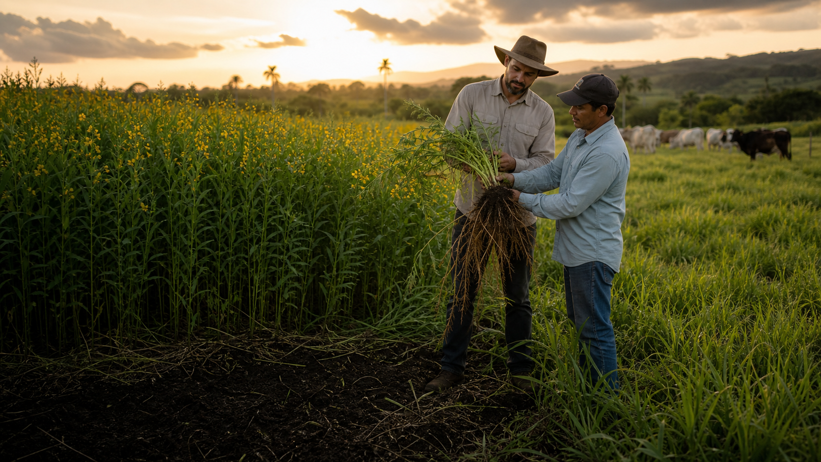 Un agricultor y agrónomo inspeccionan un cultivo de cobertura enraizada entre un campo de floración y pastos productivos