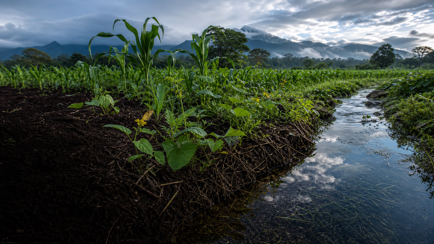 Living cover crops protect dark soil and water after rainfall in a resilient field